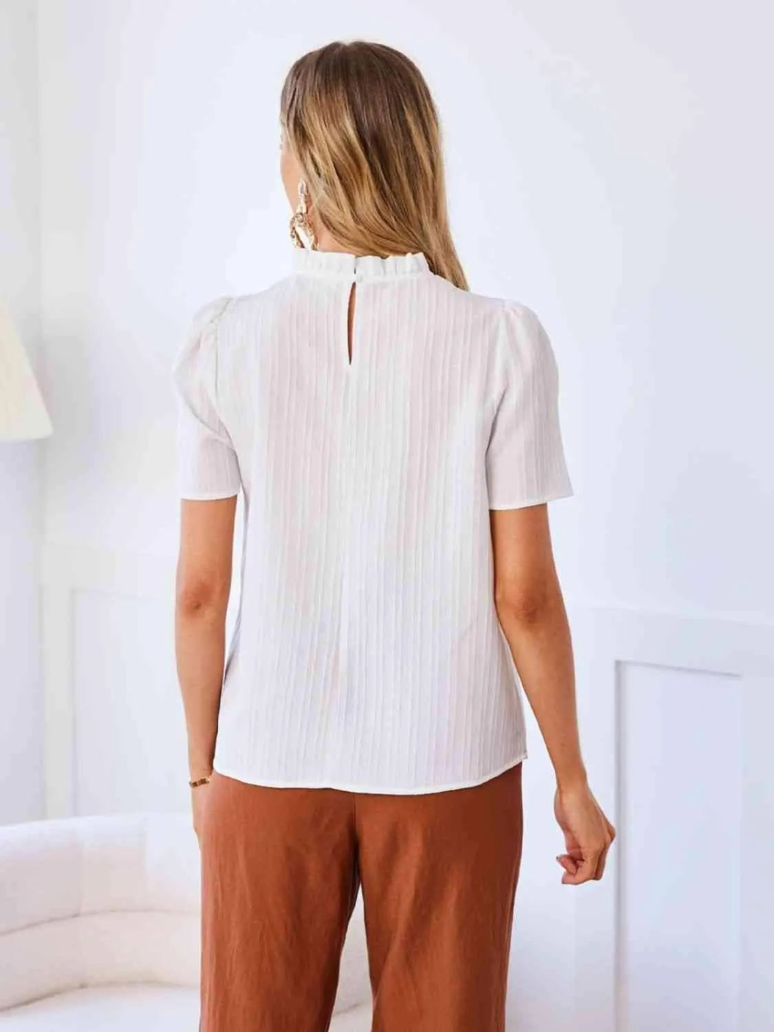 Frill Neck Puff Sleeve Blouse Blouses - Tophatter Daily Deals