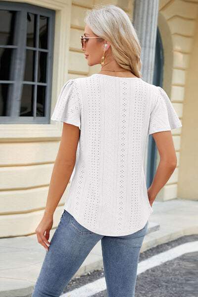 Eyelet Square Neck Short Sleeve T-Shirt Women's T-Shirts - Tophatter Daily Deals