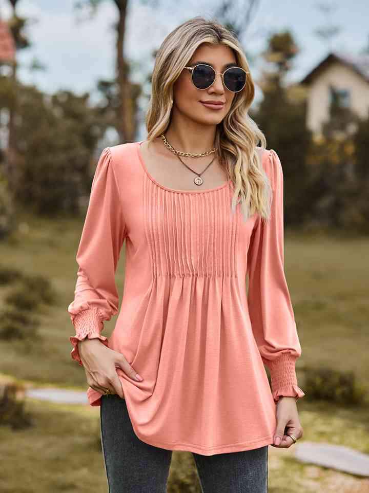 Puff Sleeve Pleated Blouse Coral Blouses - Tophatter Daily Deals