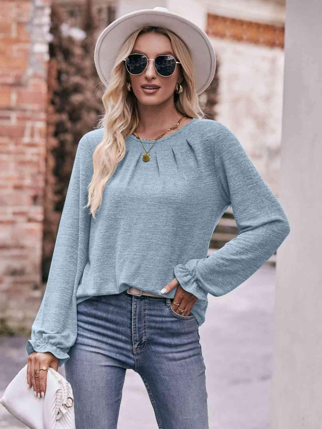 Double Take Long Flounce Sleeve Round Neck Blouse Blouses - Tophatter Daily Deals