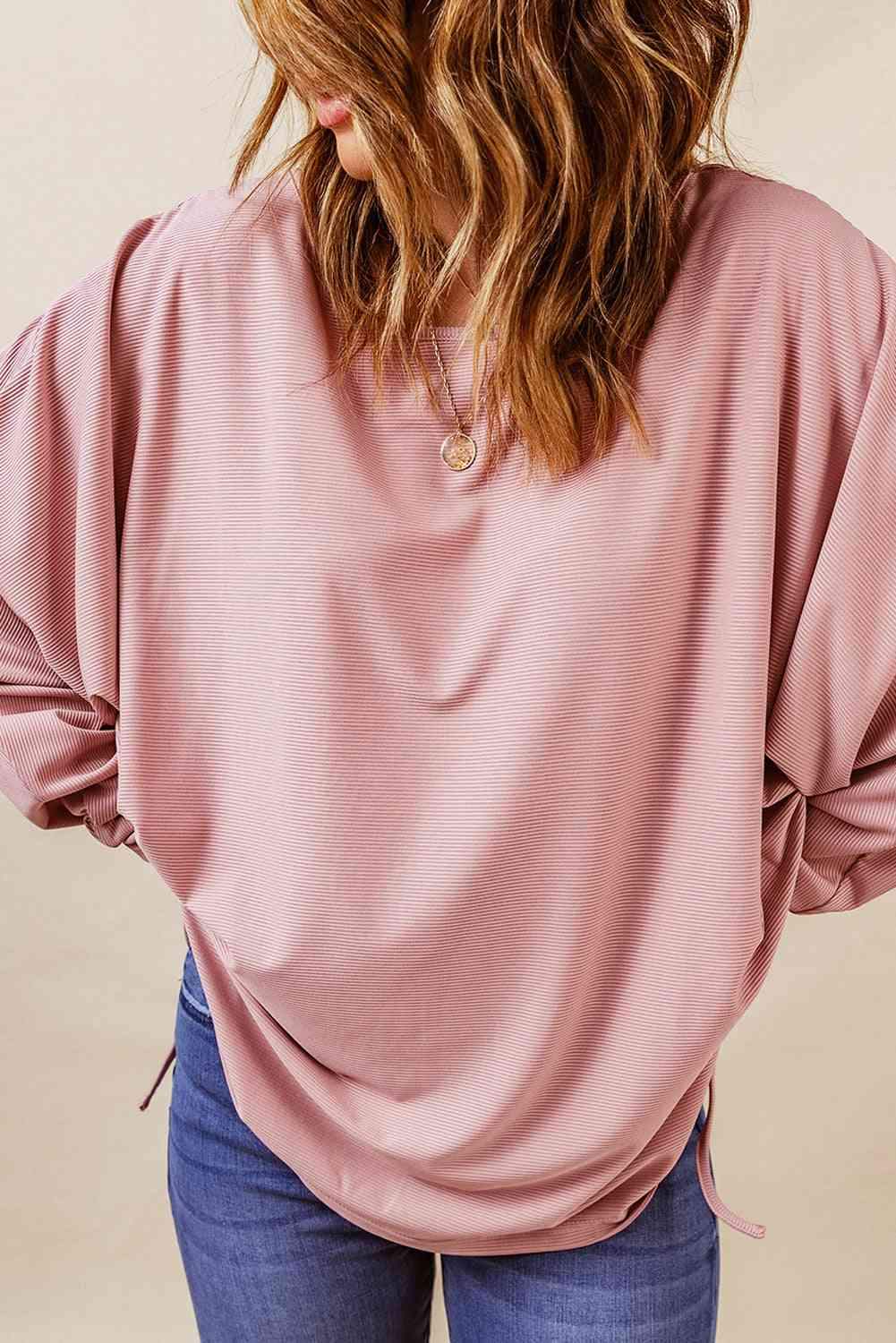 Ribbed Drawstring Dolman Sleeve Top Blouses - Tophatter Daily Deals