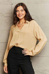 Textured Johnny Collar Drop Shoulder Blouse Khaki Blouses - Tophatter Daily Deals