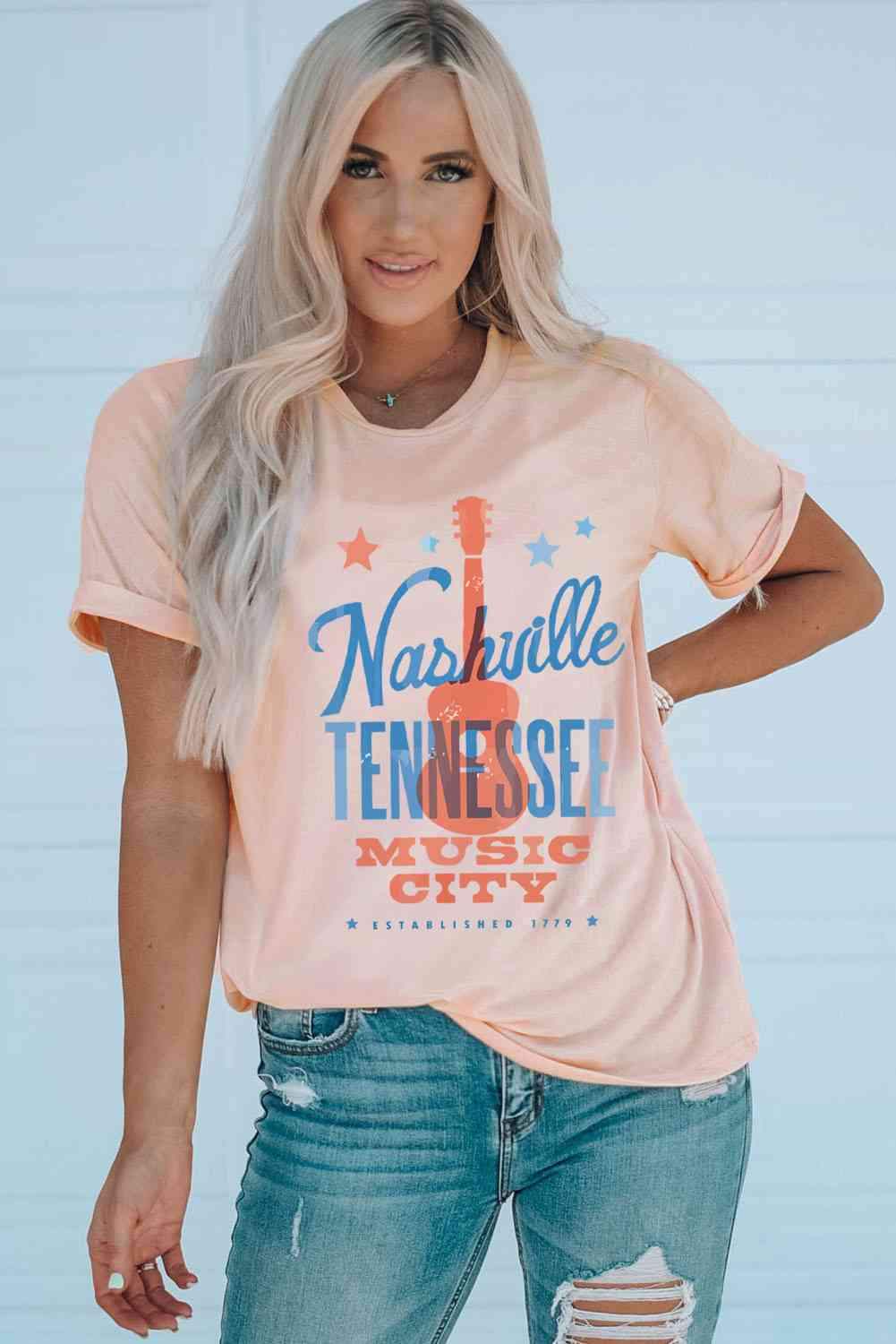 NASHVILLE TENNESSEE MUSIC CITY Cuffed Short Sleeve Tee Blush Pink Women's T-Shirts - Tophatter Daily Deals