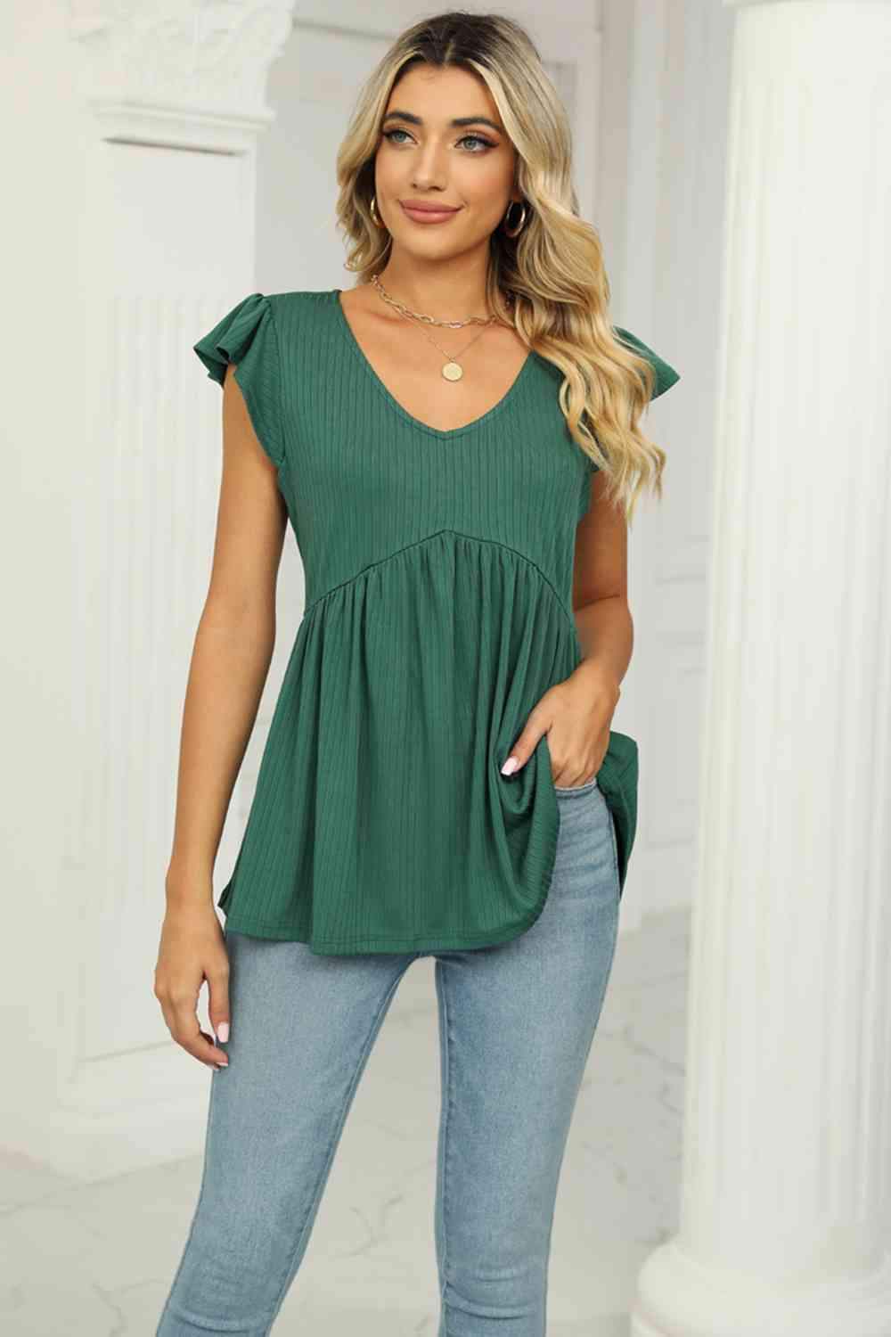 V-Neck Flutter Sleeve Babydoll Blouse Mid Green Blouses - Tophatter Daily Deals