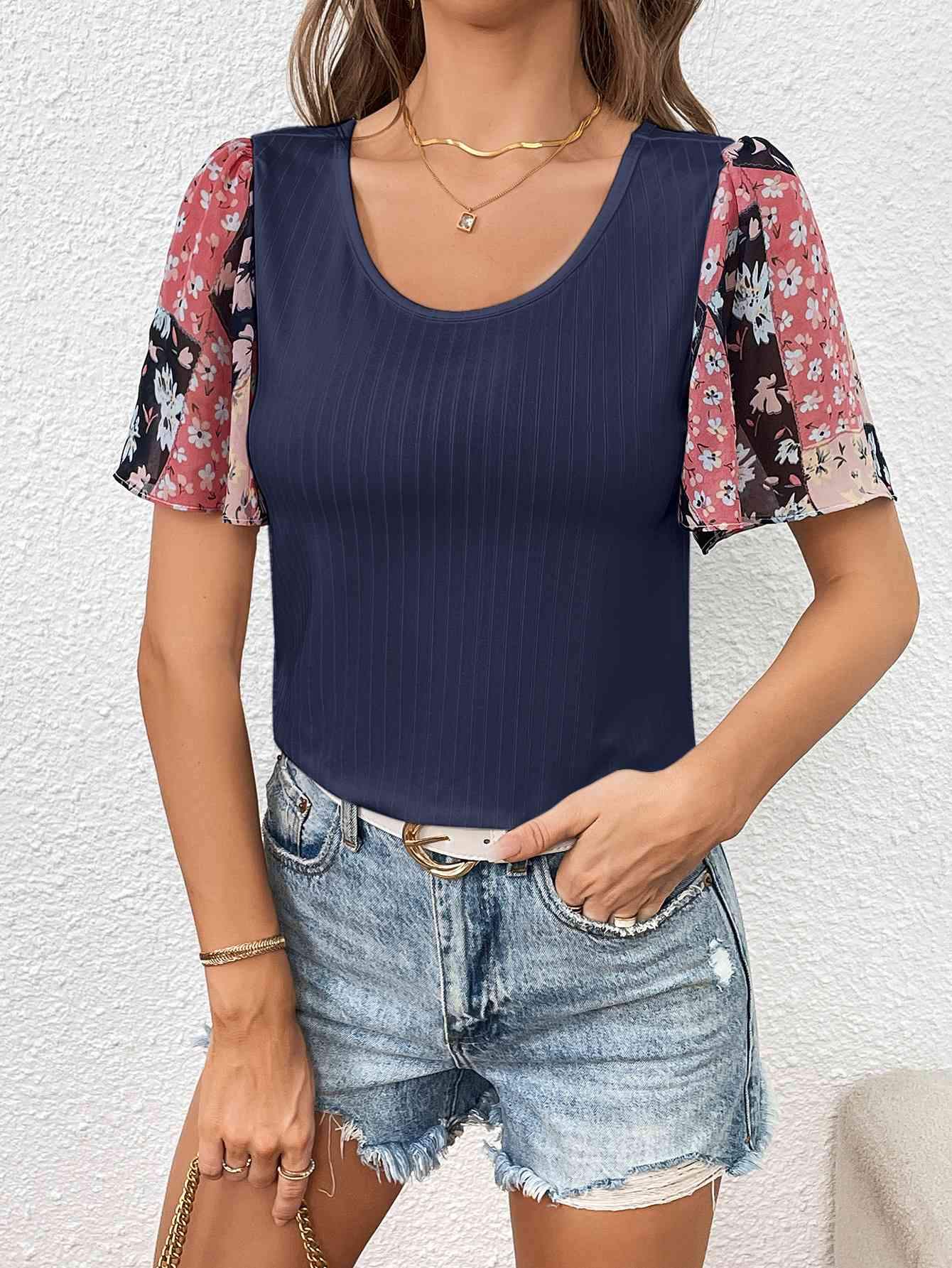 Printed Puff Sleeve Round Neck Tee Women's T-Shirts - Tophatter Daily Deals