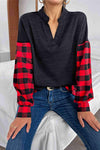 Buffalo Plaid Color Block Balloon Sleeve Top Blouses - Tophatter Daily Deals