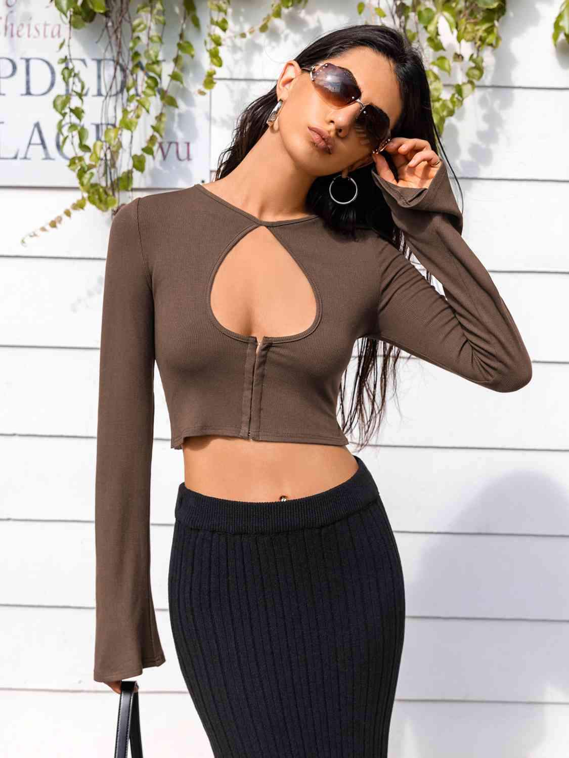 Lone Sleeve Cutout Zip Up Crop Top Coffee Brown Blouses - Tophatter Daily Deals