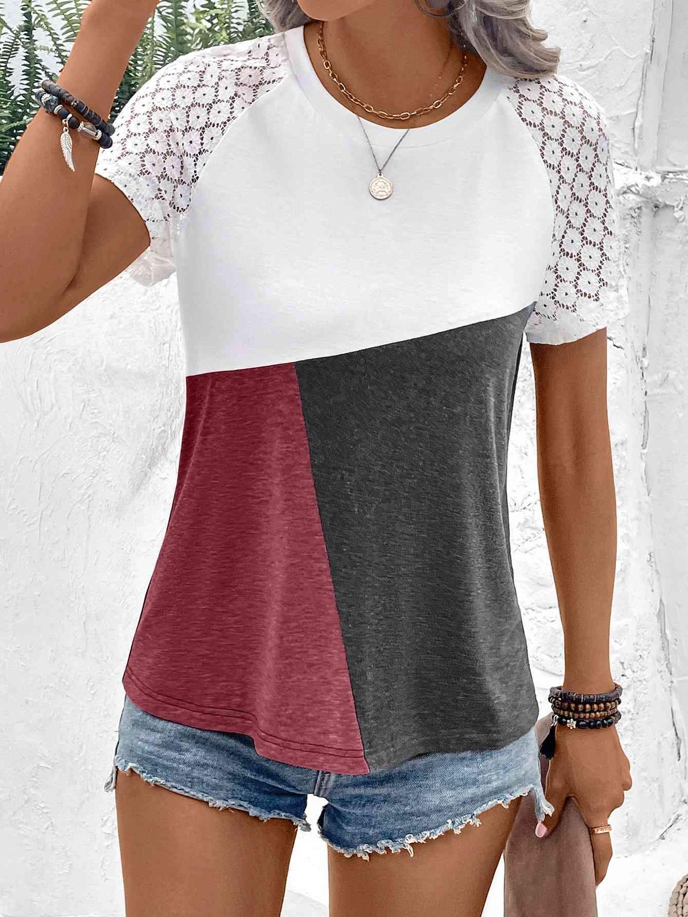 Color Block Raglan Sleeve Round Neck Tee Women's T-Shirts - Tophatter Daily Deals