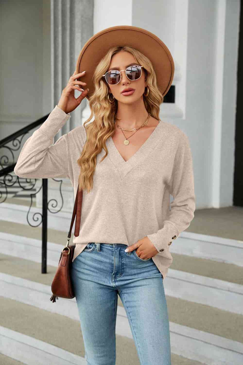 V-Neck Long Sleeve T-Shirt Beige Women's T-Shirts - Tophatter Daily Deals