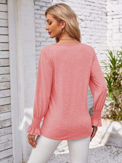 V-Neck Smocked Ruffled Long Sleeve Top Women's T-Shirts - Tophatter Daily Deals