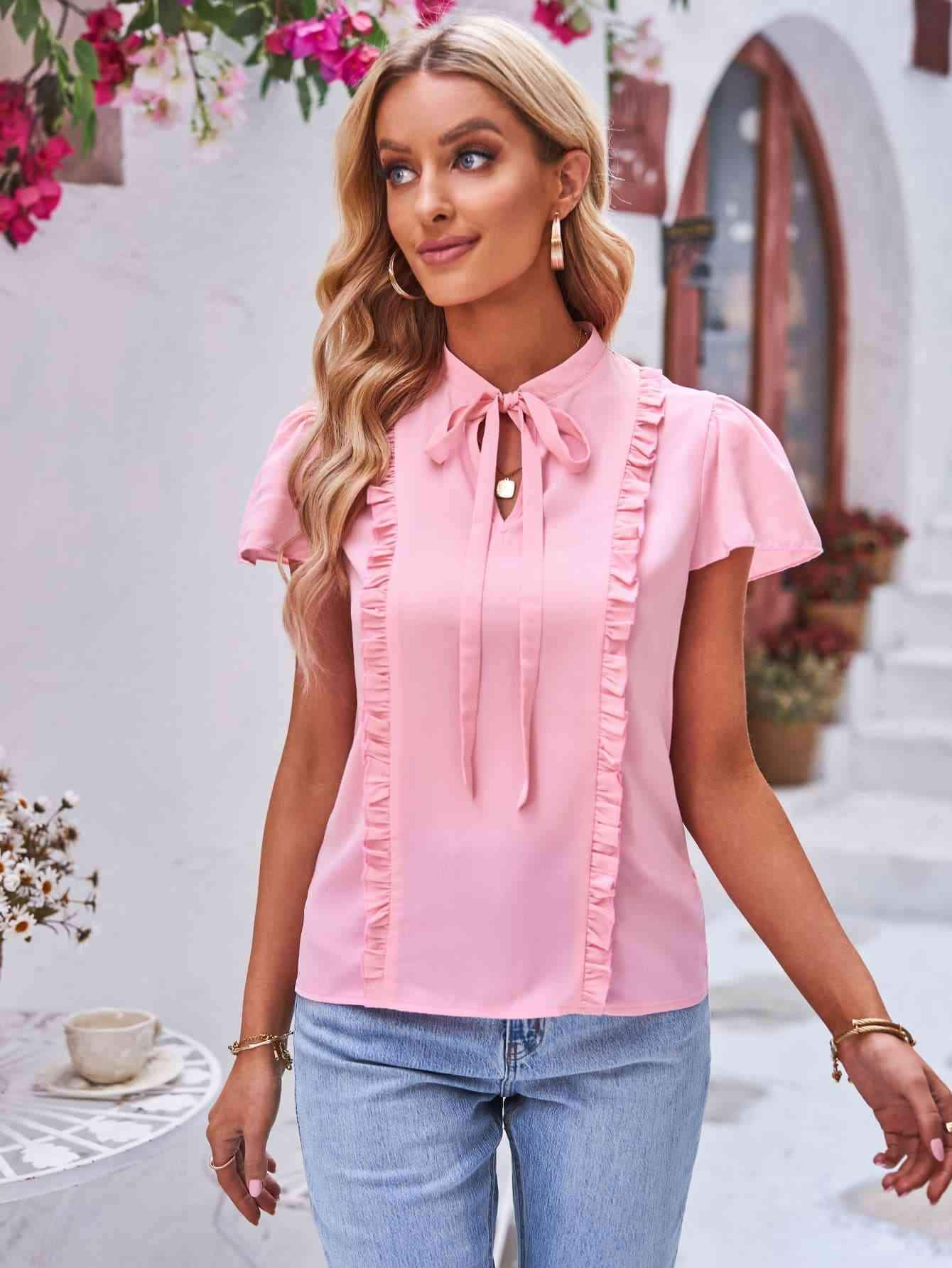 Tie Neck Frill Trim Puff Sleeve Top Carnation Pink Blouses - Tophatter Daily Deals