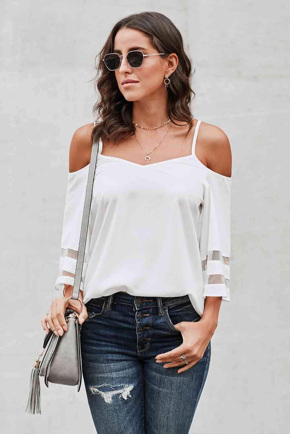 Cold-Shoulder Three-Quarter Flare Sleeve Blouse Blouses - Tophatter Daily Deals