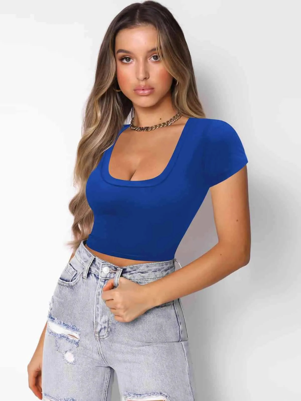 Square Neck Cropped T-Shirt Royal Blue Blouses - Tophatter Daily Deals