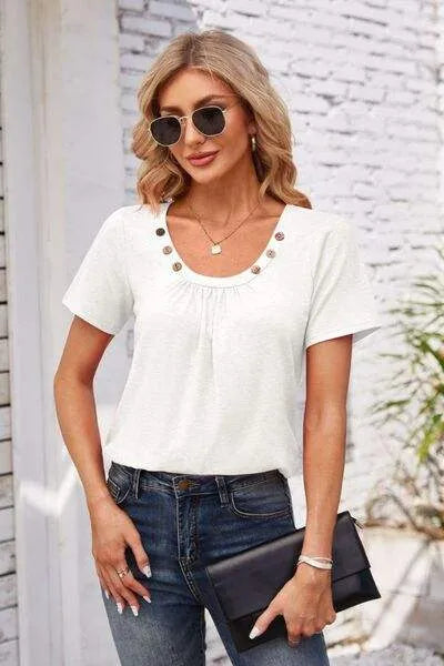 Decorative Button Scoop Neck T-Shirt Women's T-Shirts - Tophatter Daily Deals