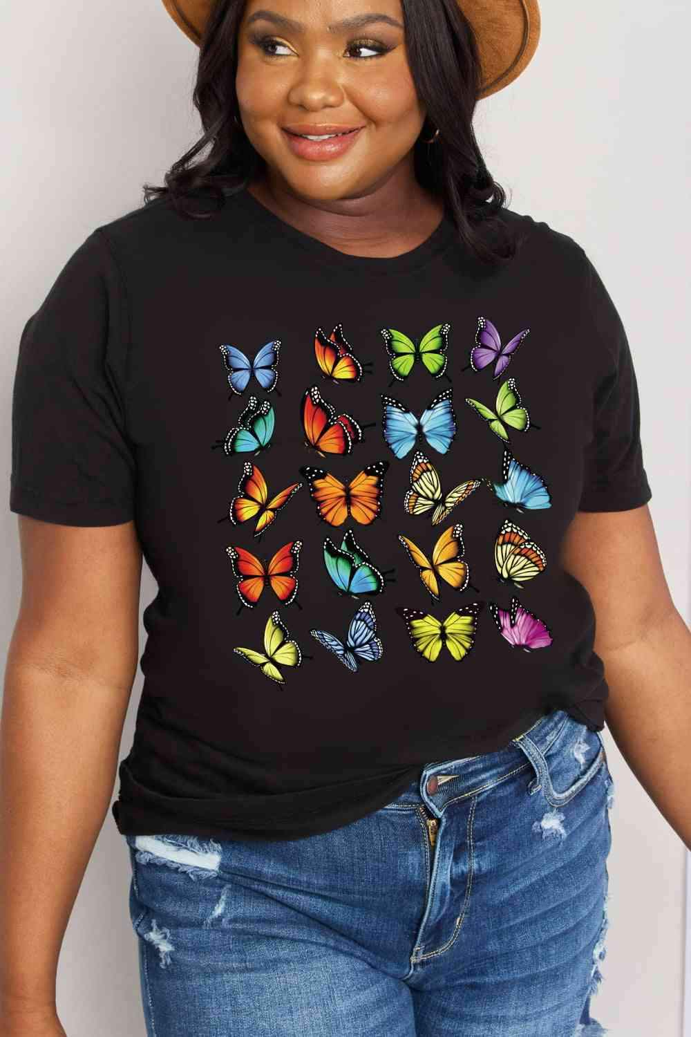 Simply Love Full Size Butterfly Graphic Cotton Tee Black Women's T-Shirts - Tophatter Daily Deals