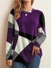 Color Block Round Neck Long Sleeve T-Shirt Violet Women's T-Shirts - Tophatter Daily Deals