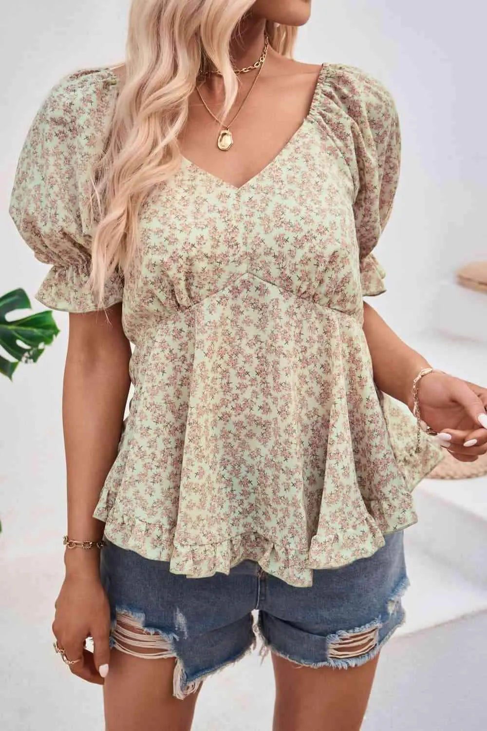 V-Neck Flounce Sleeve Blouse Blouses - Tophatter Daily Deals
