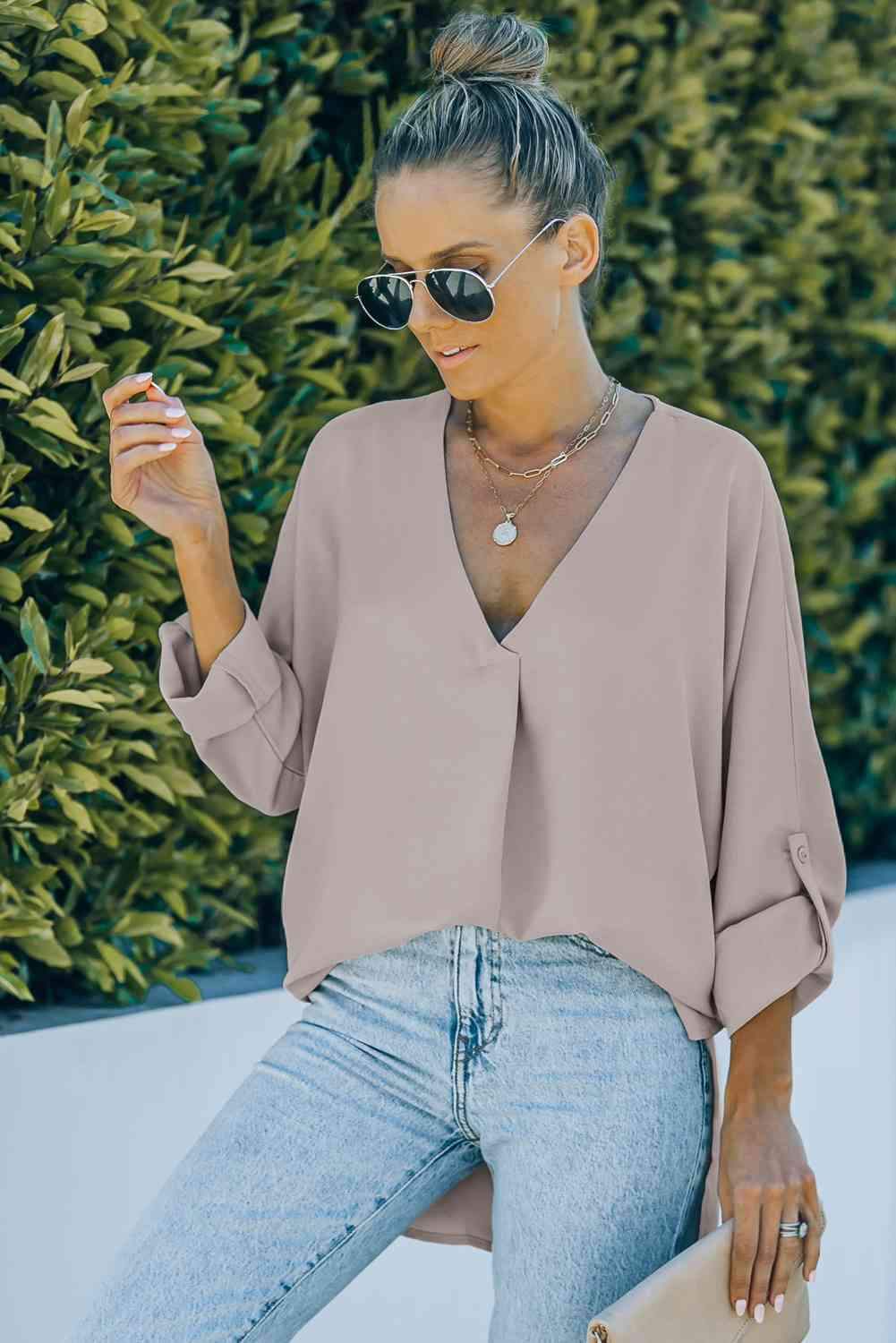 V-Neck Roll-Tab Sleeve Blouse Dust Storm Blouses - Tophatter Daily Deals