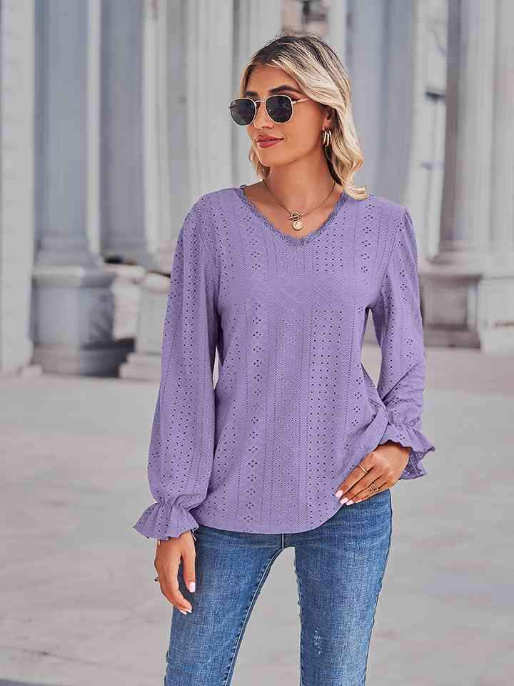 Eyelet V-Neck Flounce Sleeve Blouse Lavender Blouses - Tophatter Daily Deals