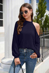 Asymmetrical Lantern Sleeve Waffle-Knit Blouse Navy Blouses - Tophatter Daily Deals