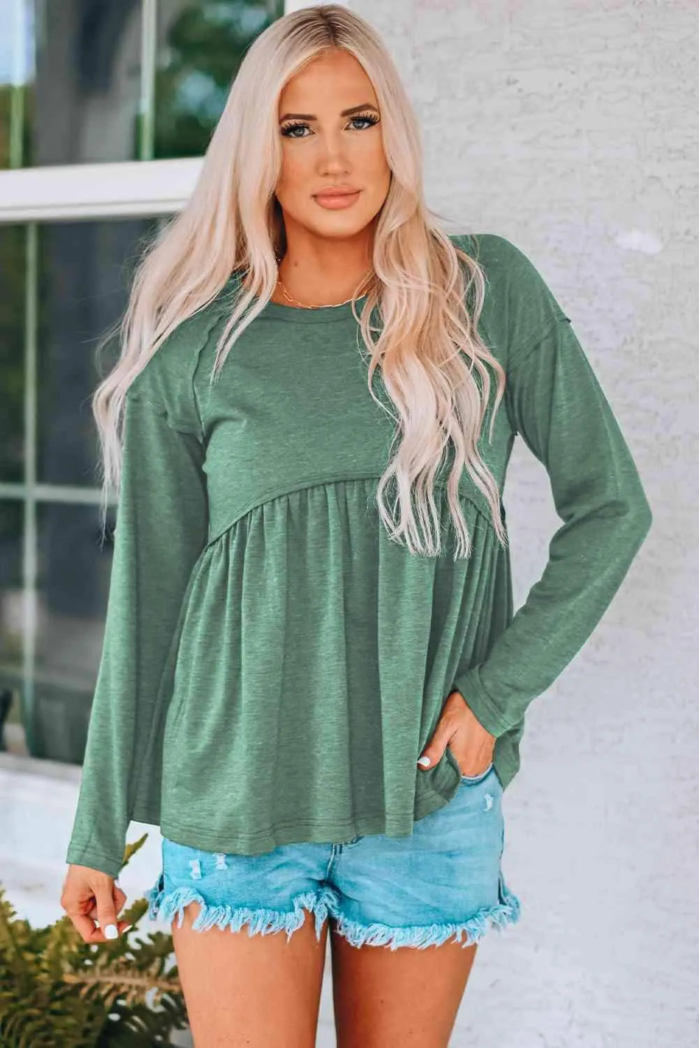 Round Neck Raglan Sleeve Babydoll Top Green Blouses - Tophatter Daily Deals