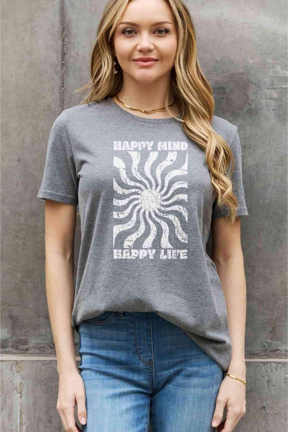 Simply Love Full Size HAPPY MIND HAPPY LIFE Graphic Cotton Tee Women's T-Shirts - Tophatter Daily Deals