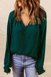 Notched Neck Lantern Sleeve Blouse Green Blouses - Tophatter Daily Deals