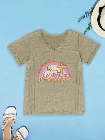 JESUS IS THE ANSWER V-Neck Short Sleeve T-Shirt Women's T-Shirts - Tophatter Daily Deals