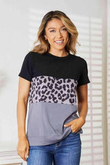 Double Take Leopard Print Color Block Short Sleeve T-Shirt Women's T-Shirts - Tophatter Daily Deals
