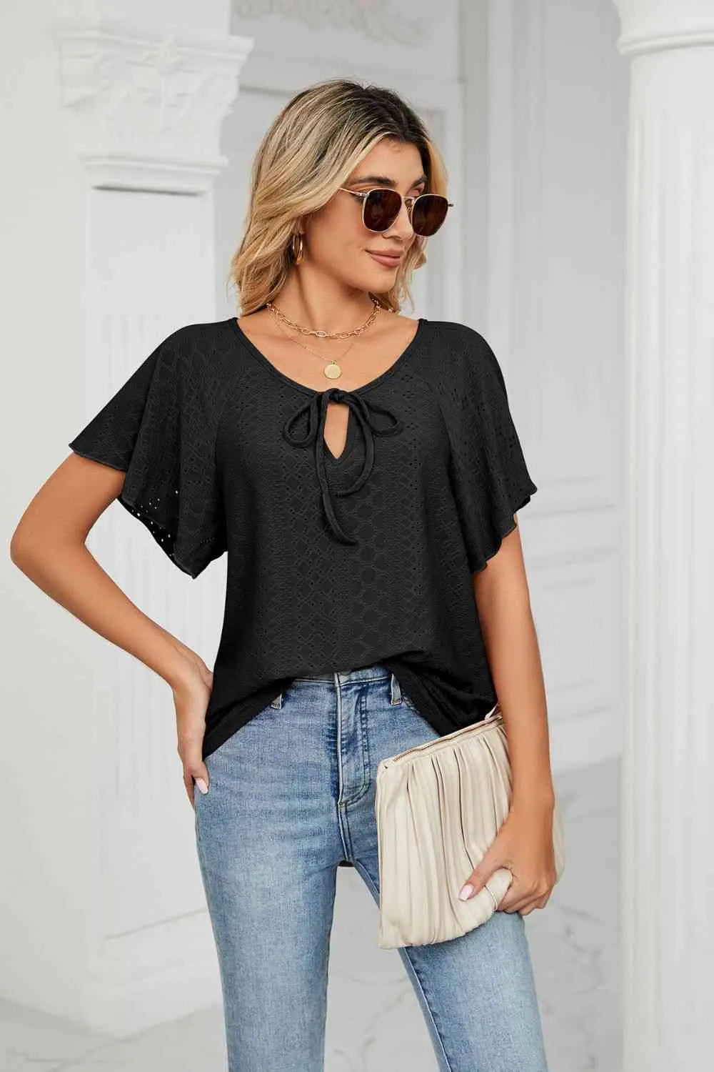 Eyelet Tie-Neck Flutter Sleeve Top Blouses - Tophatter Daily Deals