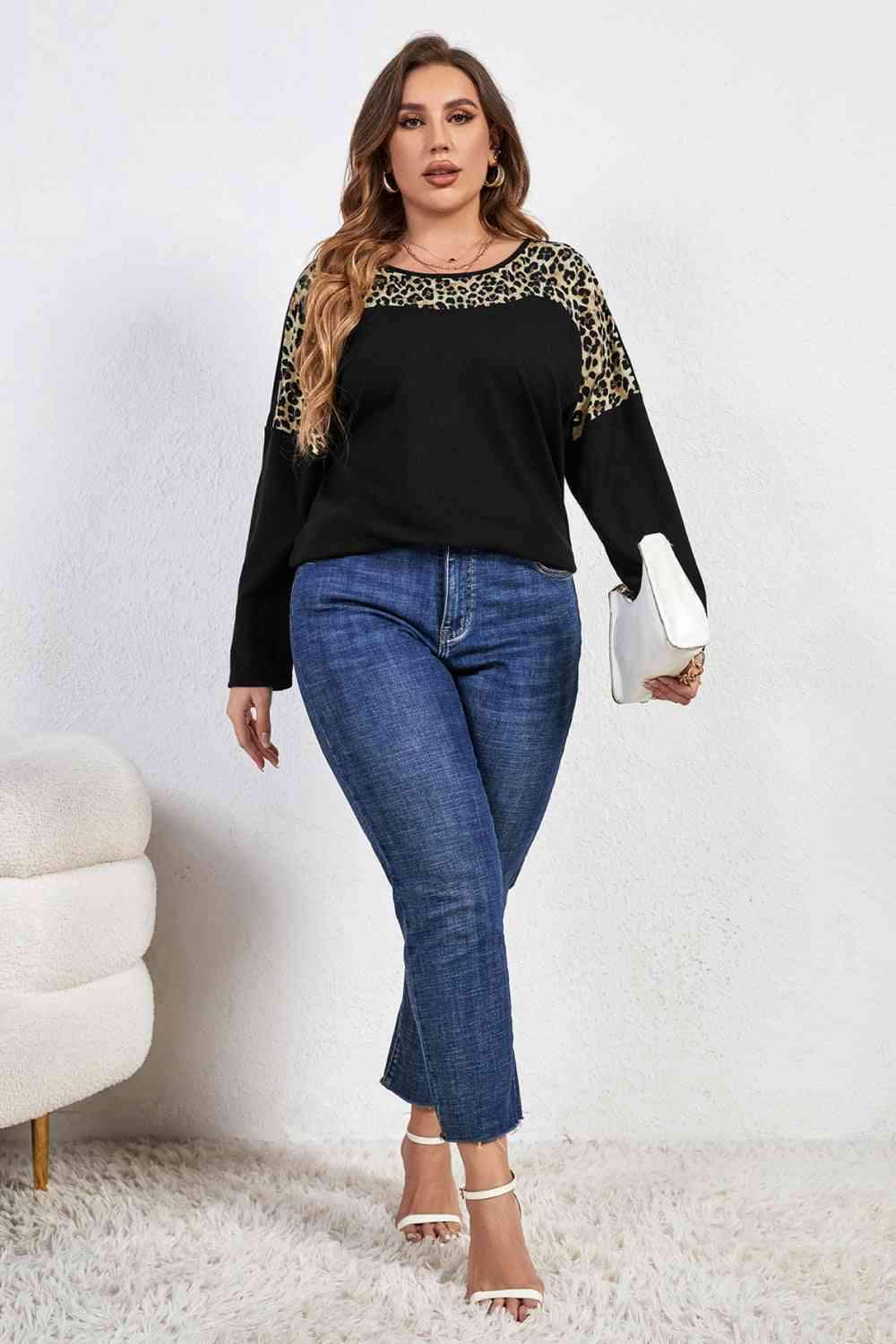 Melo Apparel Plus Size Leopard Trim Round Neck Long Sleeve Tee Women's T-Shirts - Tophatter Daily Deals