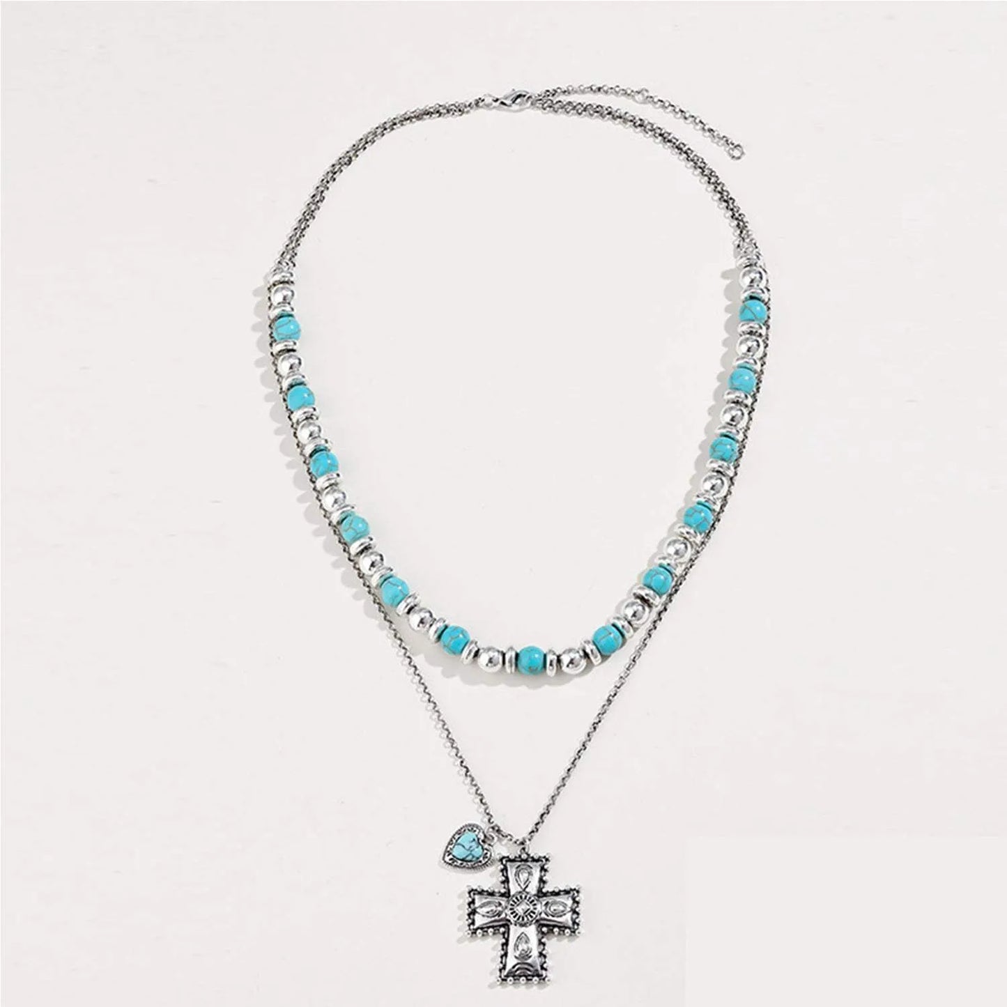 Artificial Turquoise Beaded Double-Layered Cross Necklace Necklaces - Tophatter Daily Deals
