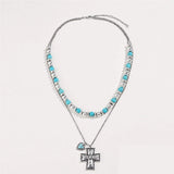 Artificial Turquoise Beaded Double-Layered Cross Necklace Necklaces - Tophatter Daily Deals