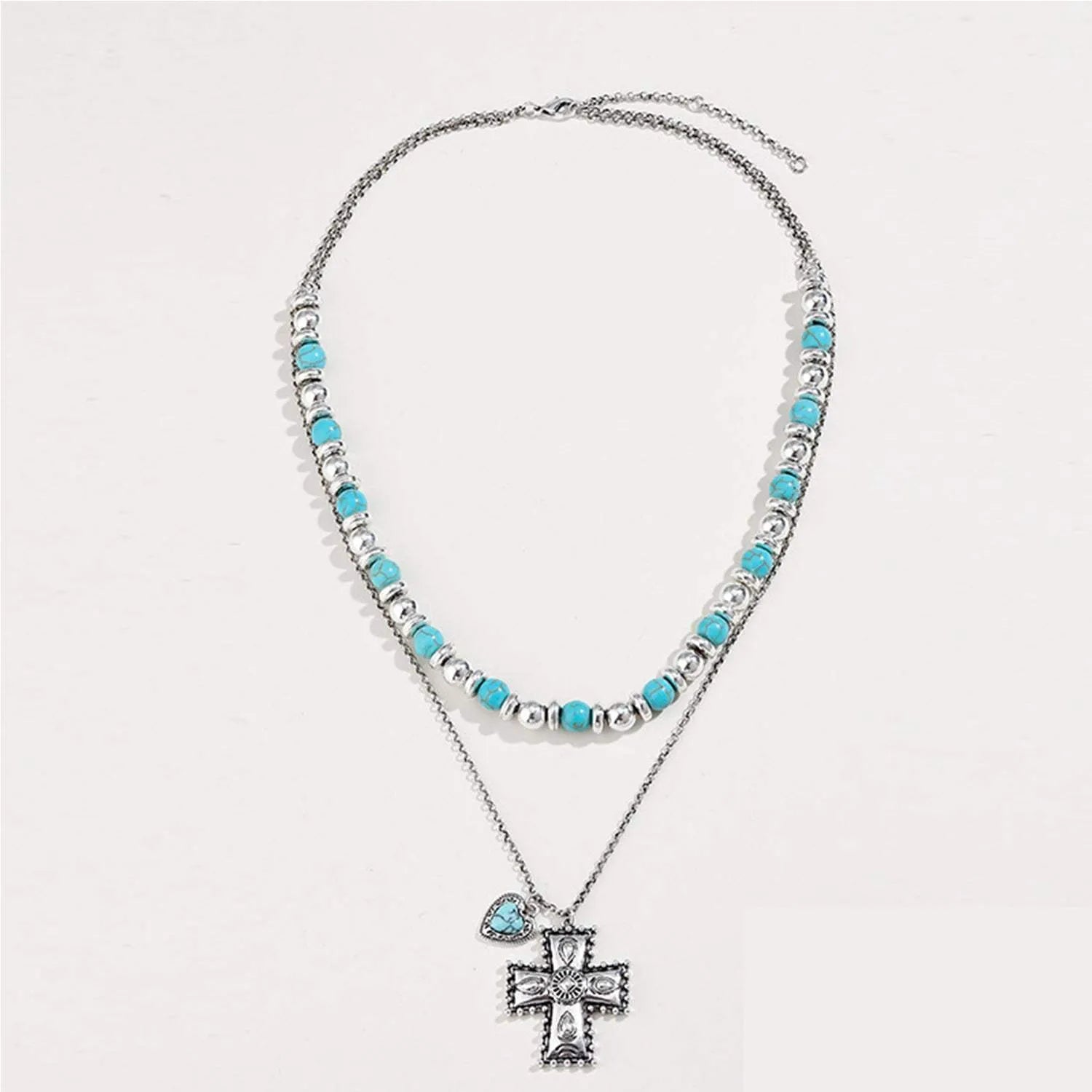 Artificial Turquoise Beaded Double-Layered Cross Necklace Necklaces - Tophatter Daily Deals