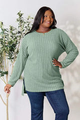 Basic Bae Full Size Ribbed Round Neck Long Sleeve Slit Top Gum Leaf Blouses - Tophatter Daily Deals