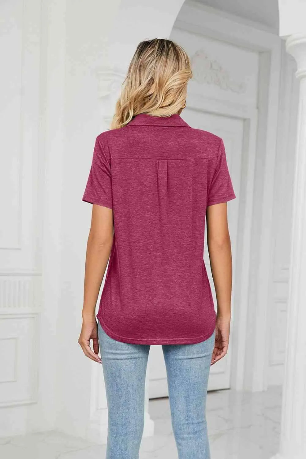 Curved Hem Johnny Collar Polo Shirt Blouses - Tophatter Daily Deals