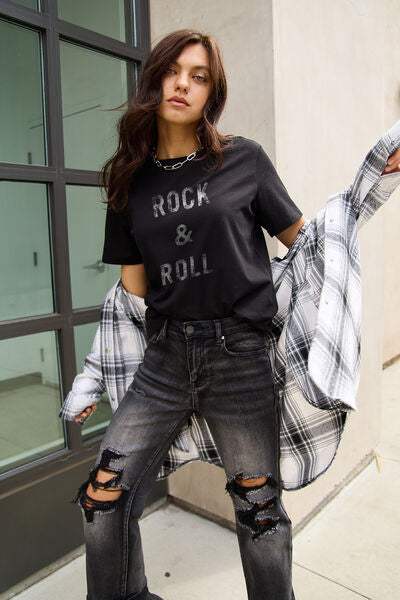 Simply Love Full Size ROCK & ROLL Short Sleeve T-Shirt Women's T-Shirts - Tophatter Daily Deals