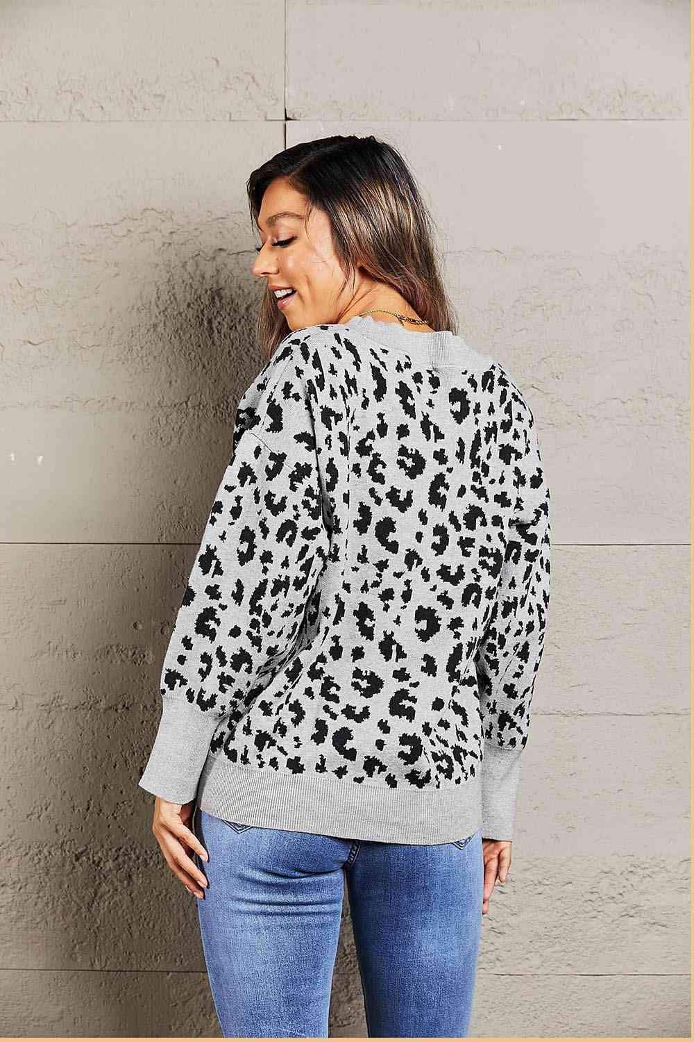 Double Take Leopard V-Neck Dropped Shoulder Top Blouses - Tophatter Daily Deals