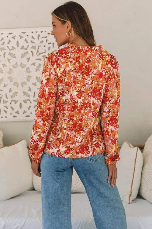 Floral Notched Balloon Sleeve Blouse Blouses - Tophatter Daily Deals