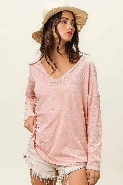 BiBi Exposed Seam V-Neck Long Sleeve T-Shirt Women's T-Shirts - Tophatter Daily Deals