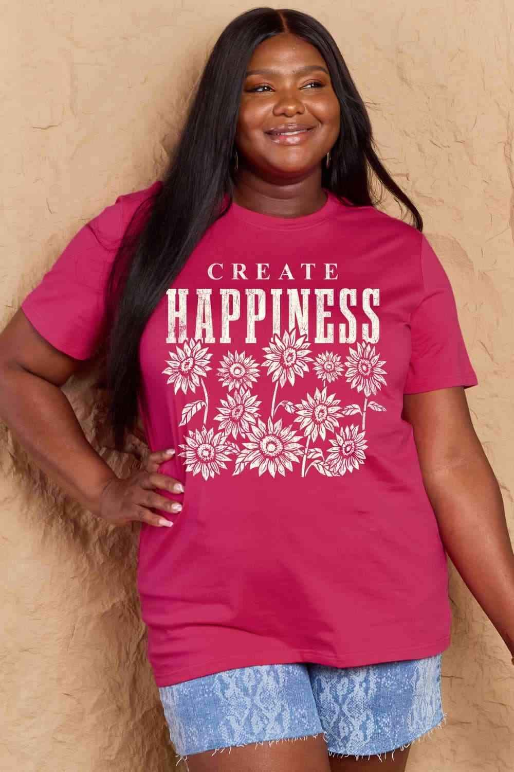 Simply Love Full Size CREATE HAPPINESS Graphic Cotton T-Shirt Women's T-Shirts - Tophatter Daily Deals