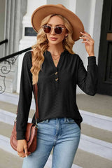 Notched Neck Long Sleeve Buttoned Blouse Black Blouses - Tophatter Daily Deals