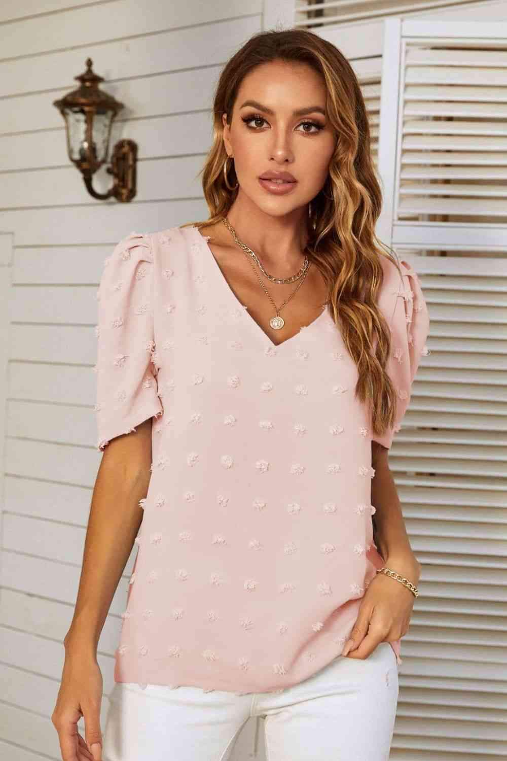 Swiss Dot V-Neck Puff Sleeve Blouse Peach Blouses - Tophatter Daily Deals