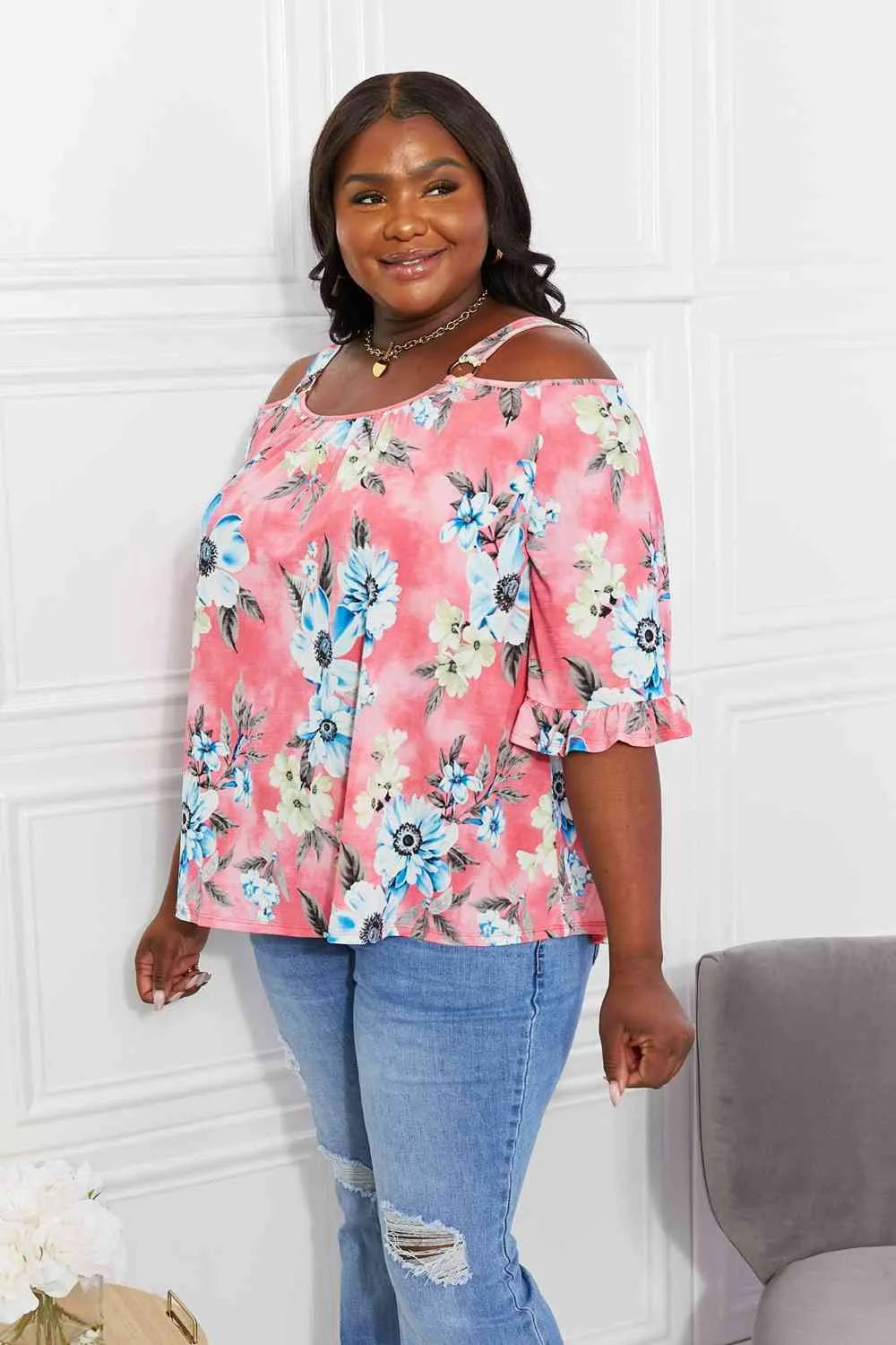 Sew In Love Full Size Fresh Take Floral Cold-Shoulder Top Blouses - Tophatter Daily Deals