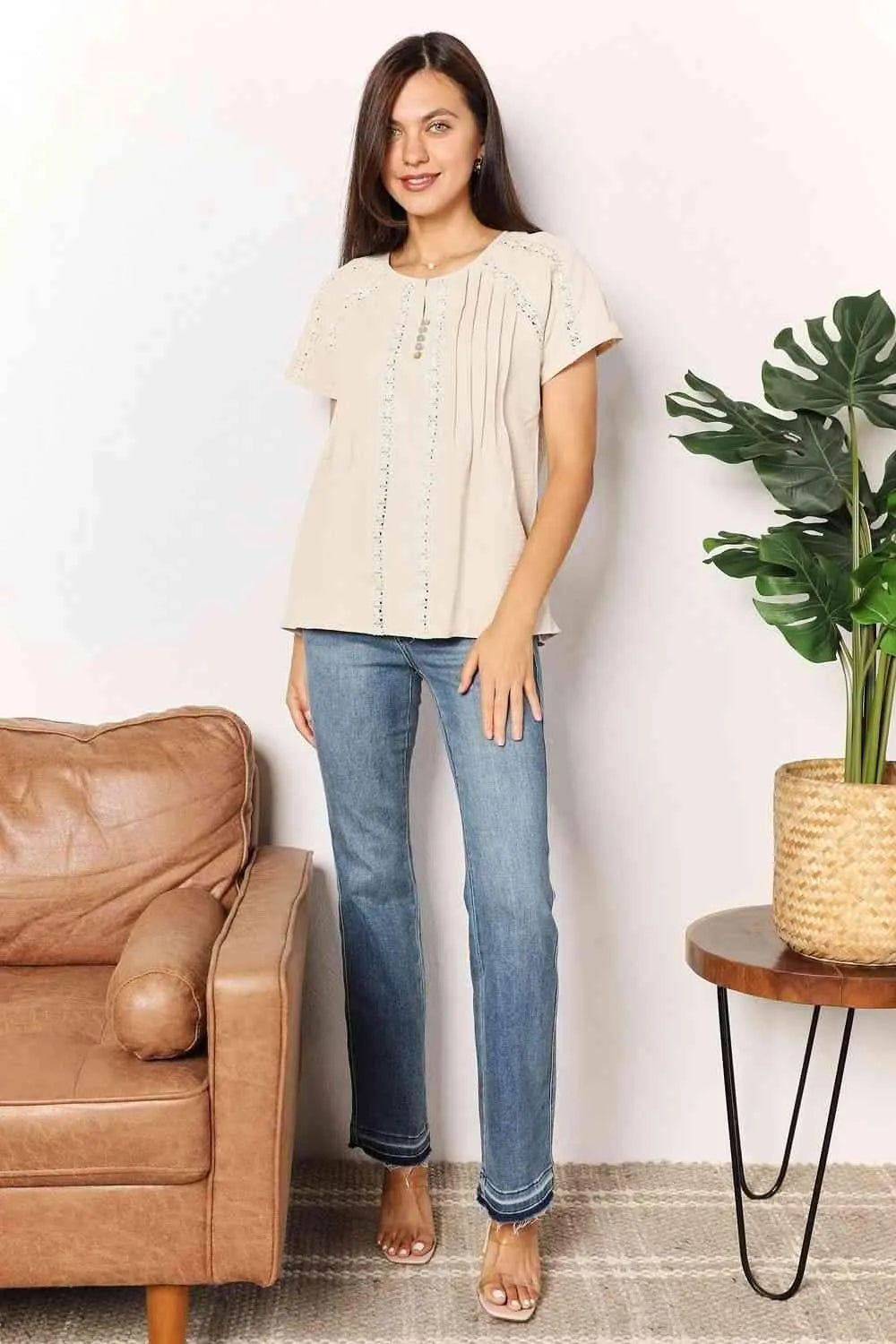 Double Take Crochet Buttoned Short Sleeves Top Blouses - Tophatter Daily Deals