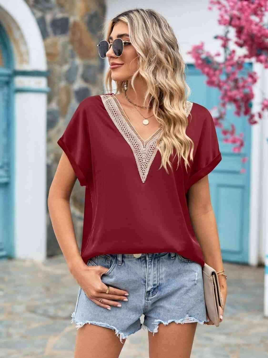 V-Neck Cuffed Blouse Wine Blouses - Tophatter Daily Deals