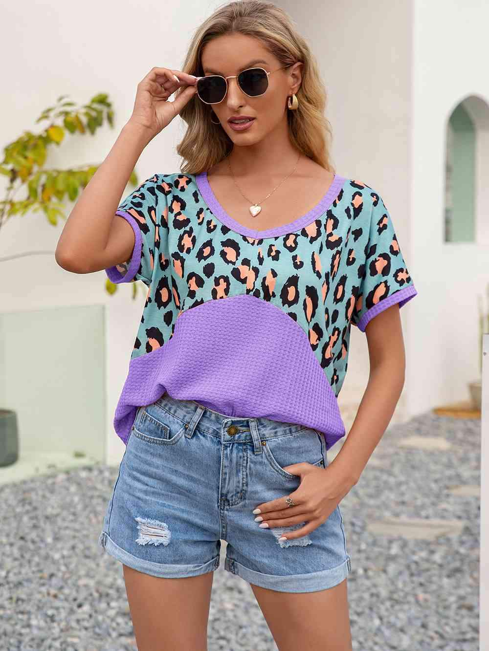 Leopard Waffle-Knit Short Sleeve Top Lavender Women's T-Shirts - Tophatter Daily Deals