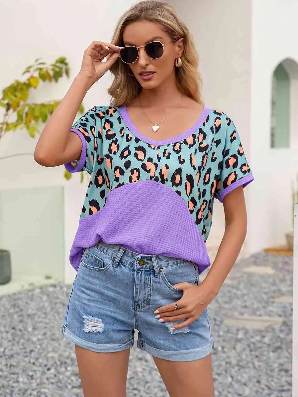 Leopard Waffle-Knit Short Sleeve Top Lavender Women's T-Shirts - Tophatter Daily Deals