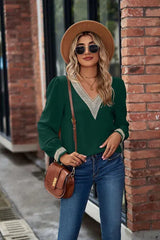 V-Neck Lace Detail Long Sleeve Top Women's T-Shirts - Tophatter Daily Deals