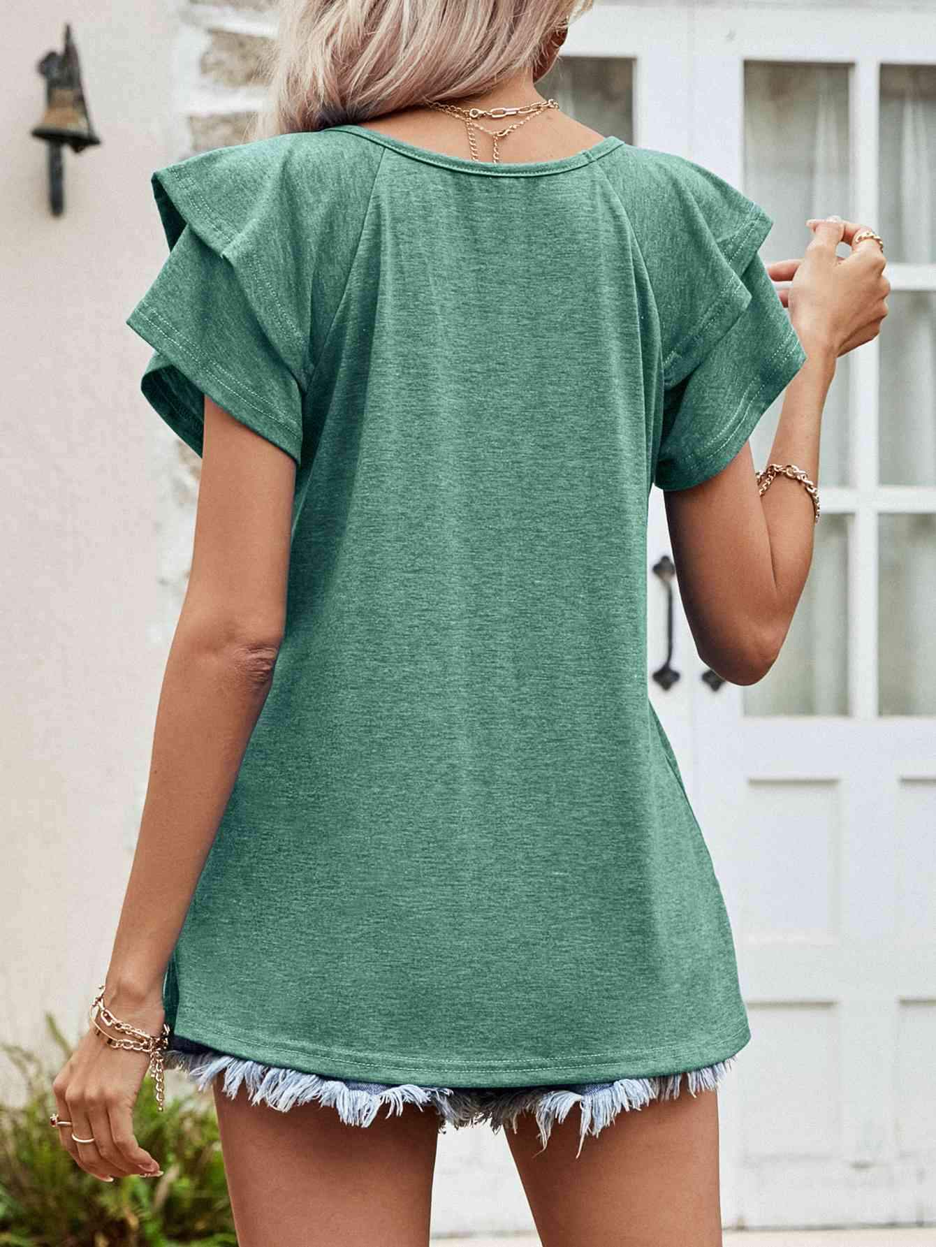 Layered Flutter Sleeve V-Neck Top Women's T-Shirts - Tophatter Daily Deals